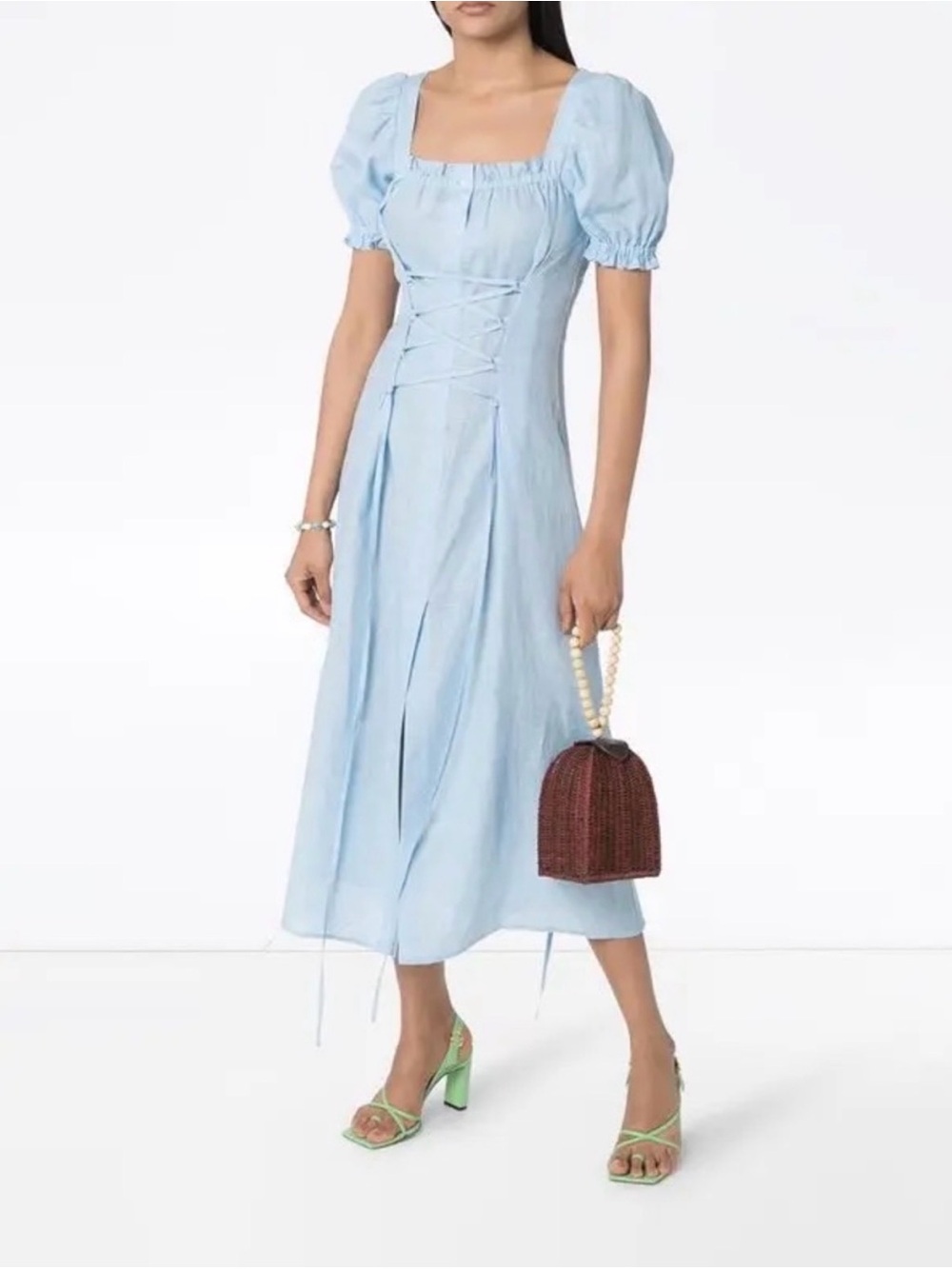 Sleeper Light Blue Lace-Up Puff Sleeve Marquise Dress